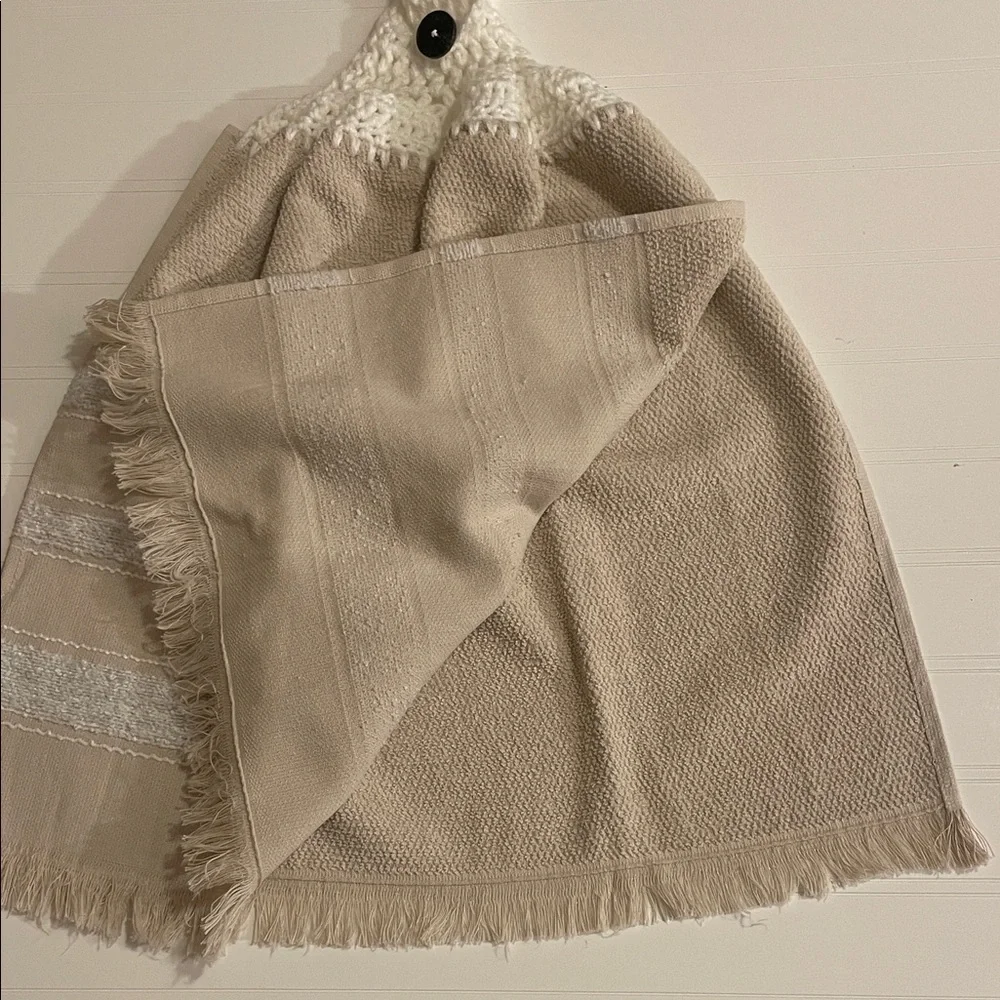 New Hanging Hand Towel Crocheted Top Kitchen Towel Tan Button Closure